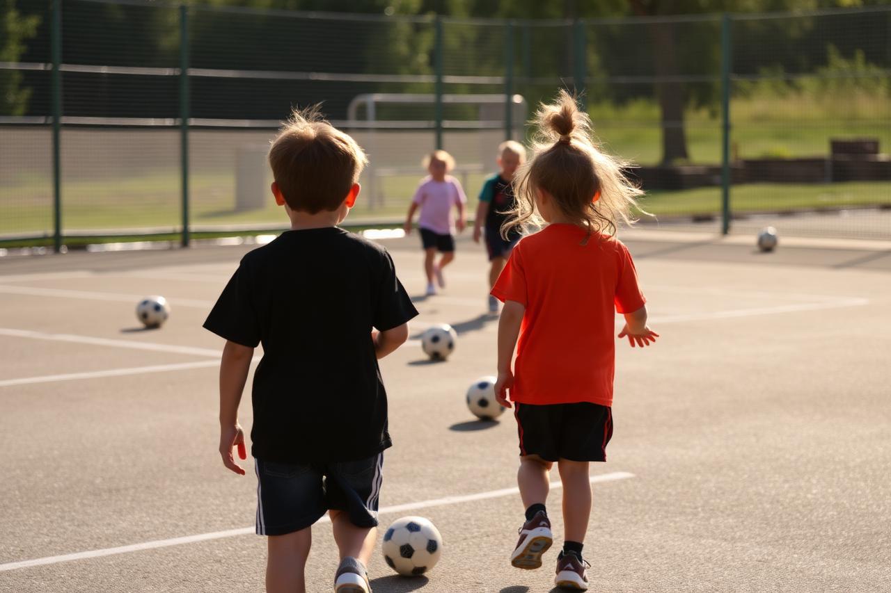 Délelőtti technikai foglalkozás — Tábor, Kodolányi-Fehérvár Futsal SE: Délelőtti technikai foglalkozás a tábor külső pályáján, napsütésben.