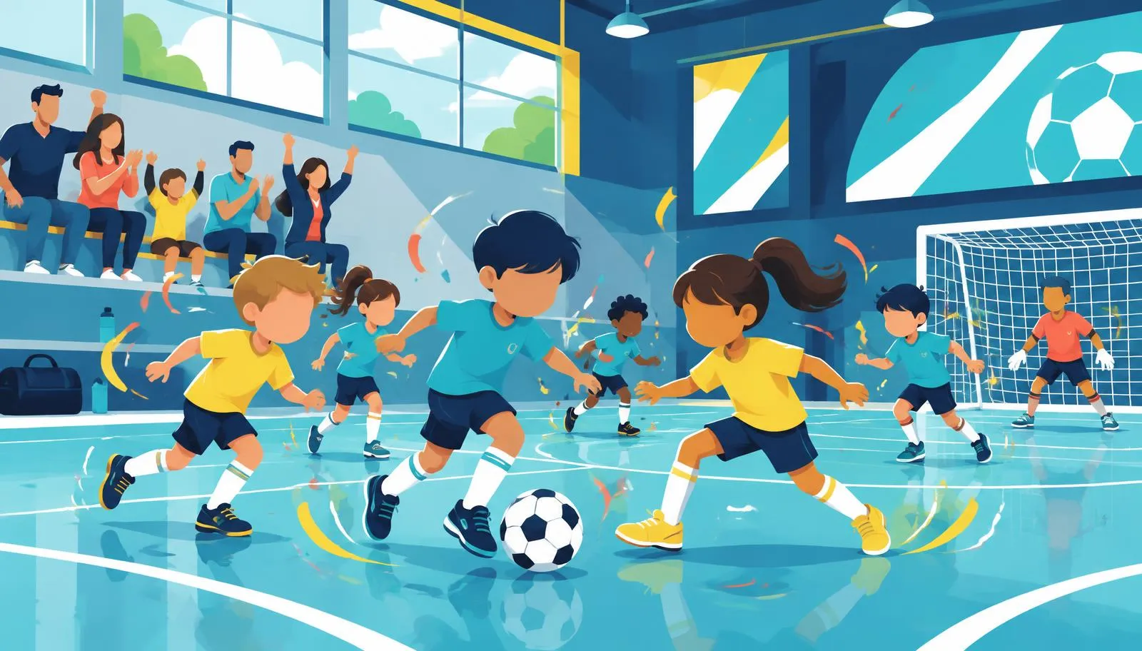 Színes illusztráció: gyerekek futsaloznak egy sportcsarnokban, a szülők a lelátóról szurkolnak